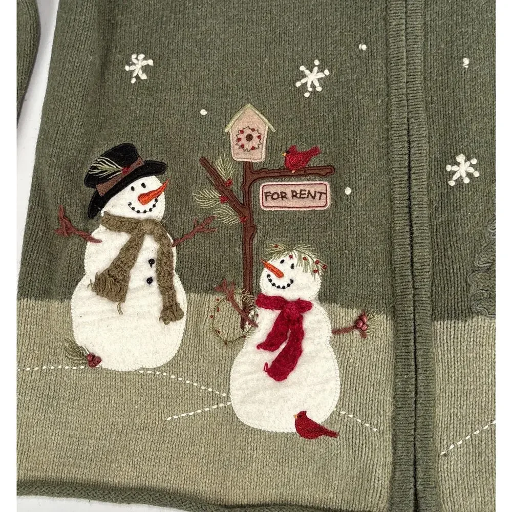 Croft & Barrow Christmas Cardigan Snowman Sweater Green MED Full Zip Grannycore